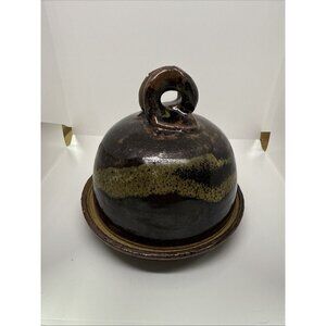Studio Pottery Butter Cheese Dome Covered Dish Signed Stoneware Blue 8.5 Beehive